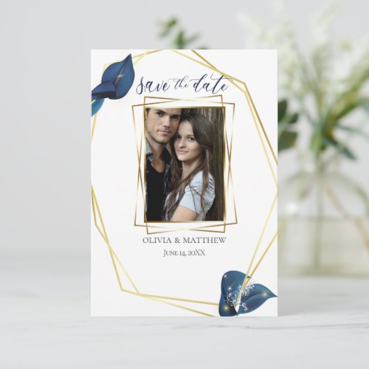 Save the date | Modern Deep Indigo Blue and Gold Kaart (Staand voorkant)