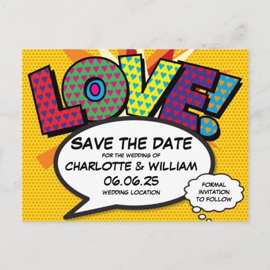 Save the Date Modern Fun Comic Book Love Aankondigingskaart (Voorkant)