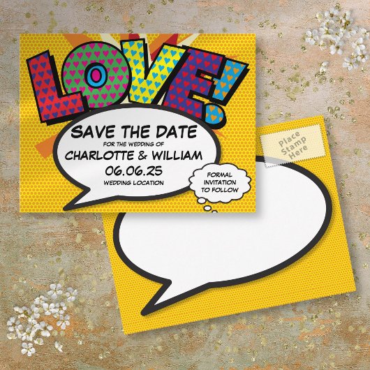 Save the Date Modern Fun Comic Book Love Aankondigingskaart