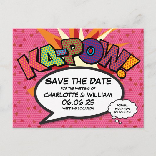 Save The Date Modern Hartjes Confetti Strips Comic Aankondigingskaart (Voorkant)