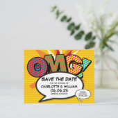 Save the Date Modern Love Fun Comic Book OMG Aankondigingskaart (Staand voorkant)