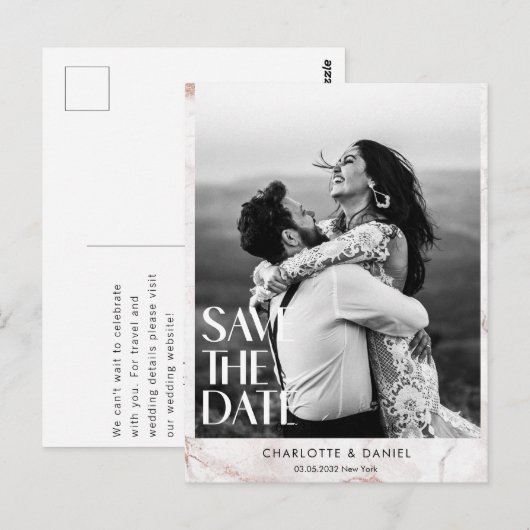 Save the date! Modern marmer 1 foto Briefkaart (Voorkant / Achterkant)