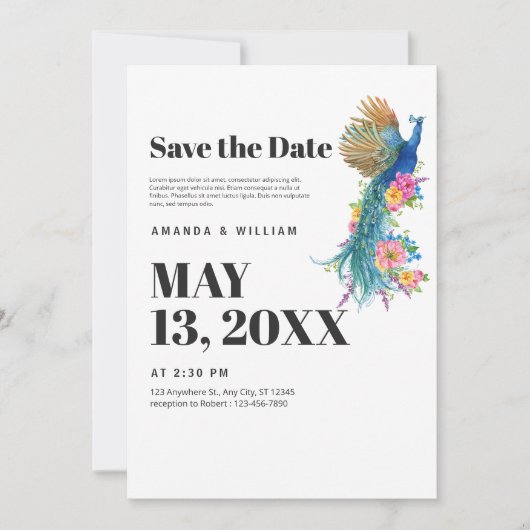 Save The Date Modern Minimalistische Pauw Trouw  (Voorkant)