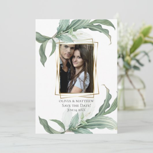 Save the date | Moderne elegante tropische bladere Kaart (Staand voorkant)