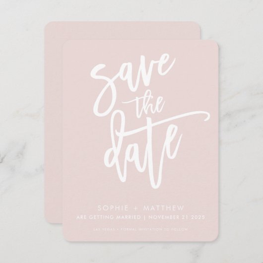SAVE THE DATE moderne kalligrafie script blush roz (Voorkant / Achterkant)