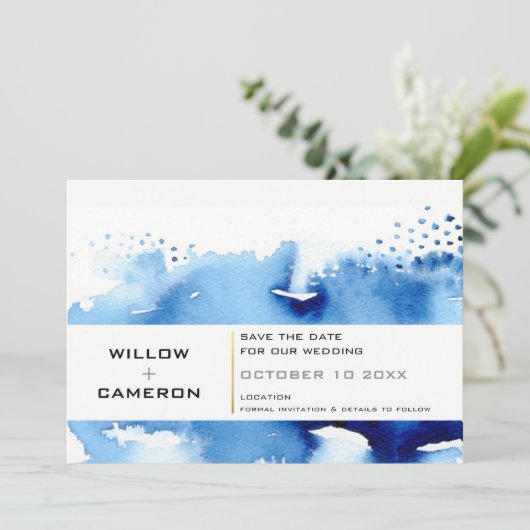 SAVE THE DATE Moderne Minimale waterverf donkerbla (Staand voorkant)