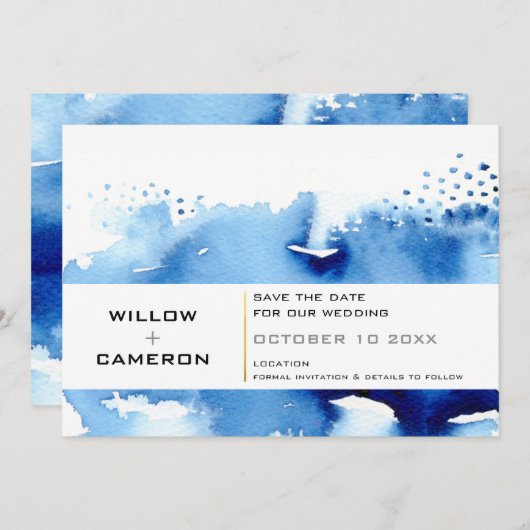SAVE THE DATE Moderne Minimale waterverf donkerbla (Voorkant / Achterkant)