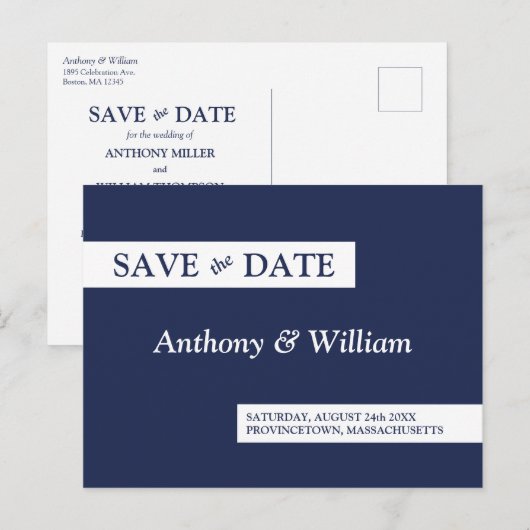 Save the Date Moderne Minimalistische Marine Blauw Uitnodiging Briefkaart (Voorkant / Achterkant)