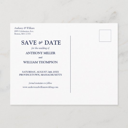 Save the Date Moderne Minimalistische Marine Blauw Uitnodiging Briefkaart (Achterkant)