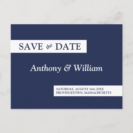 Save the Date Moderne Minimalistische Marine Blauw Uitnodiging Briefkaart (Voorkant)