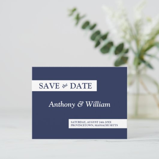 Save the Date Moderne Minimalistische Marine Blauw Uitnodiging Briefkaart (Staand voorkant)