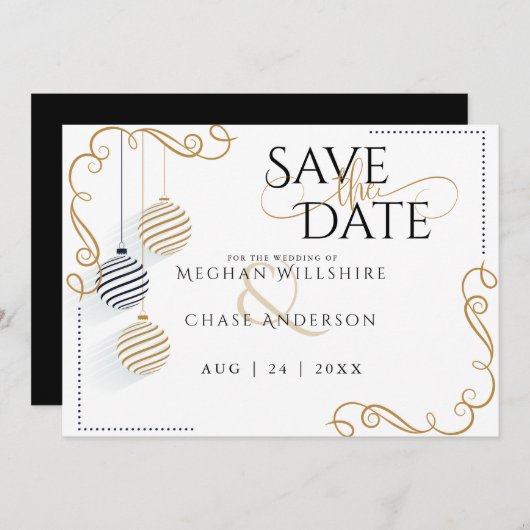 Save the date | Moderne zwarte en gouden bubbels (Voorkant / Achterkant)