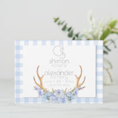 Save the date | Monogram Blue Gingham Floral BOHO (Staand voorkant)