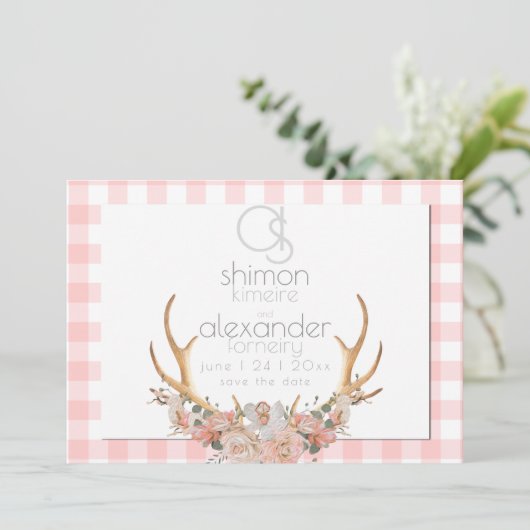 Save the date | Monogram Coral Gingham Floral BOHO (Staand voorkant)