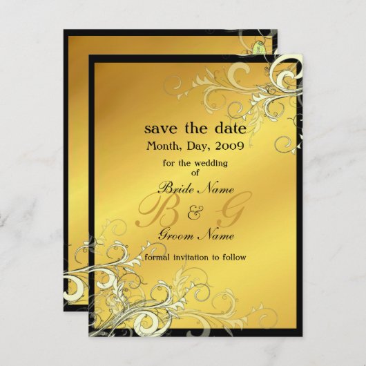 Save the Date, monogram crème wervelingen Aankondigingskaart (Voorkant / Achterkant)