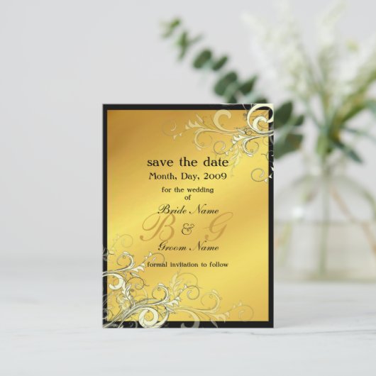 Save the Date, monogram crème wervelingen Aankondigingskaart (Staand voorkant)