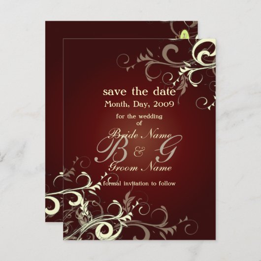 Save the Date, monogram crème wervelingen Aankondigingskaart (Voorkant / Achterkant)