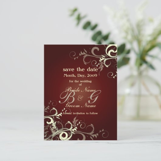 Save the Date, monogram crème wervelingen Aankondigingskaart (Staand voorkant)