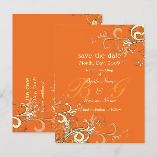 Save the Date, monogram crème wervelingen/DIY kleu Aankondigingskaart (Voorkant / Achterkant)