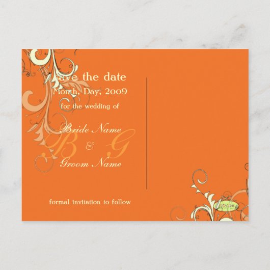 Save the Date, monogram crème wervelingen/DIY kleu Aankondigingskaart (Achterkant)