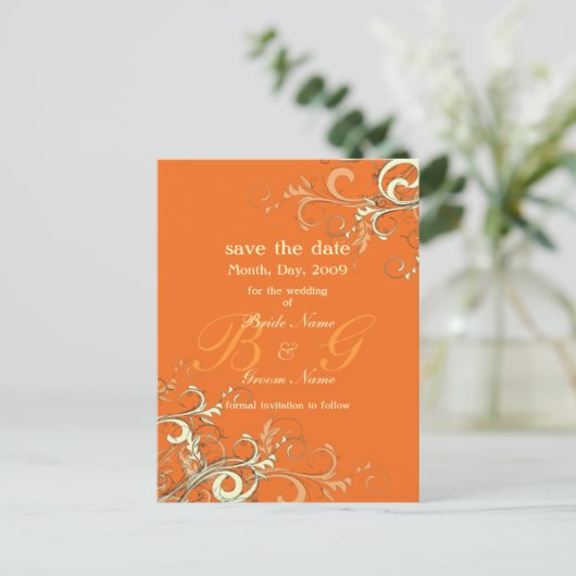 Save the Date, monogram crème wervelingen/DIY kleu Aankondigingskaart (Staand voorkant)