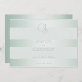 Save the date | Monogram groene strepes in Shimmer (Voorkant / Achterkant)