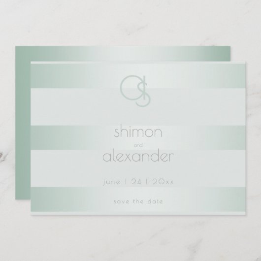 Save the date | Monogram groene strepes in Shimmer (Voorkant / Achterkant)
