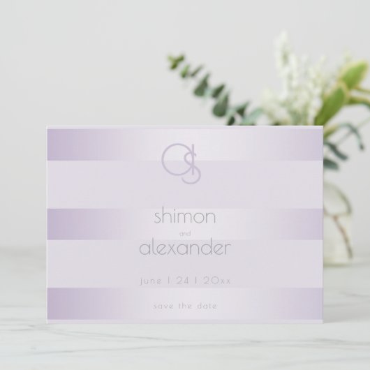 Save the date | Monogram Lila Shimmer Stripes (Staand voorkant)