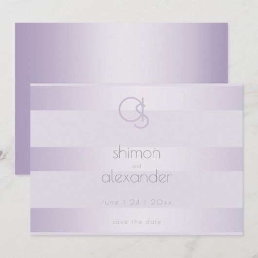 Save the date | Monogram Lila Shimmer Stripes (Voorkant / Achterkant)