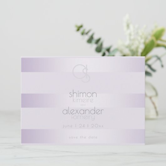 Save the date | Monogram Lila Shimmer Stripes (Staand voorkant)