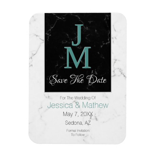Save The Date, Monogram Wit & Zwarte Marmer, Doe-h Magneet (Verticaal)