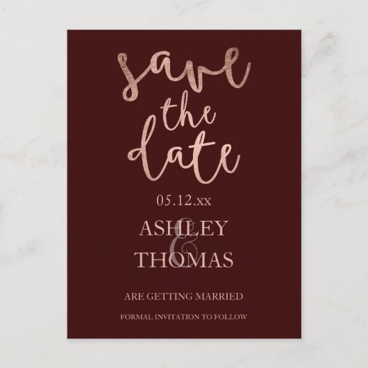 Save the Date namaak Rose goud script bordeauxrood Aankondigingskaart (Voorkant)