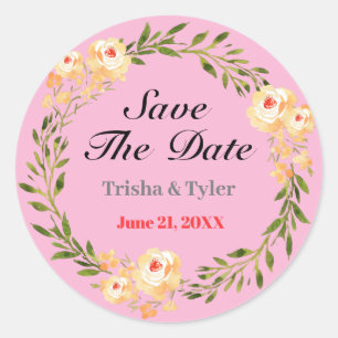 Save The Date, Namen & Datum Gele Bloemen Lt Roze Ronde Sticker