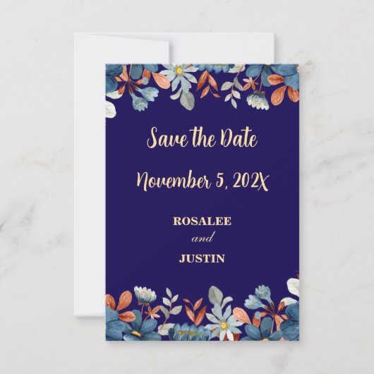 Save the Date Navy Blauwe Bloemen (Voorkant)