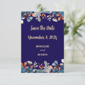 Save the Date Navy Blauwe Bloemen (Staand voorkant)