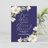 Save The Date Navy Blauwe Crème Bloemen Bruiloft (Staand voorkant)