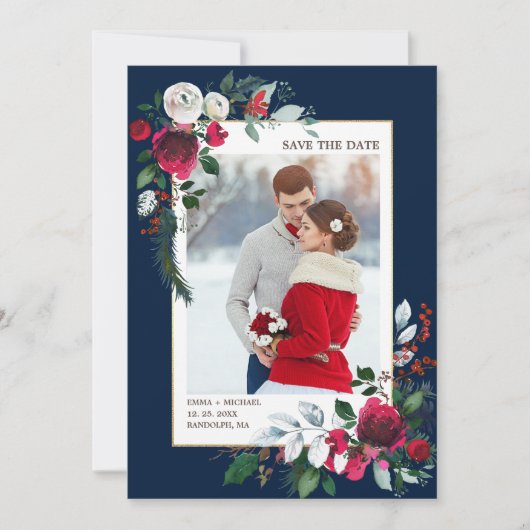 Save the date. Navy blue | Burgundy Wedding Photo Kaart (Voorkant)