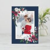 Save the date. Navy blue | Burgundy Wedding Photo Kaart (Staand voorkant)
