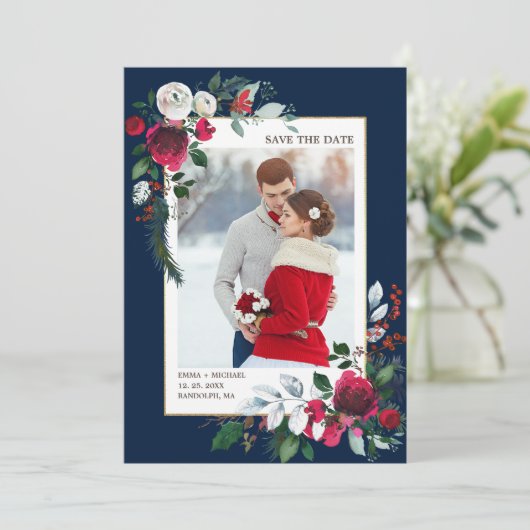 Save the date. Navy blue | Burgundy Wedding Photo Kaart (Staand voorkant)
