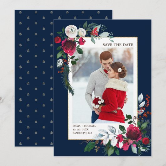 Save the date. Navy blue | Burgundy Wedding Photo Kaart (Voorkant / Achterkant)