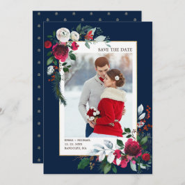 Save the date. Navy blue | Burgundy Wedding Photo Kaart