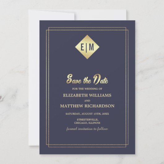 Save the date. Navy Blue Gold Wedding-fotokaart Kaart (Voorkant)