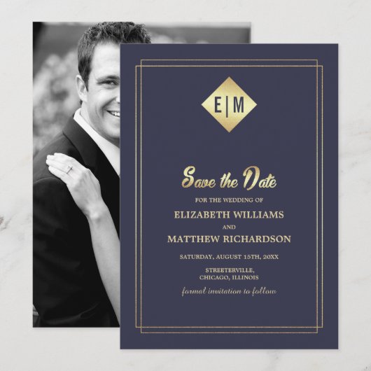 Save the date. Navy Blue Gold Wedding-fotokaart Kaart (Voorkant / Achterkant)
