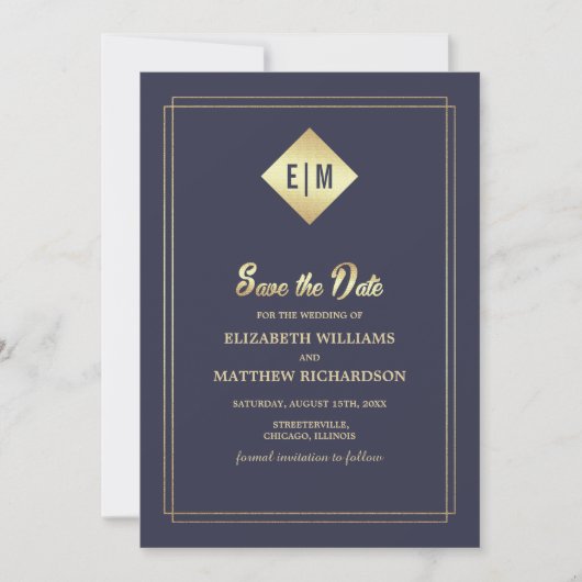 Save the date. Navy Blue Gold Wedding Kaart (Voorkant)