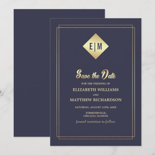 Save the date. Navy Blue Gold Wedding Kaart (Voorkant / Achterkant)