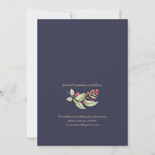Save the date. Navy Blue Waterverf Floral Kaart (Achterkant)