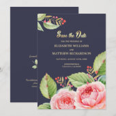Save the date. Navy Blue Waterverf Floral Kaart (Voorkant / Achterkant)