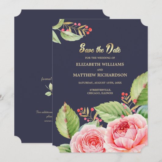 Save the date. Navy Blue Waterverf Floral Kaart (Voorkant / Achterkant)