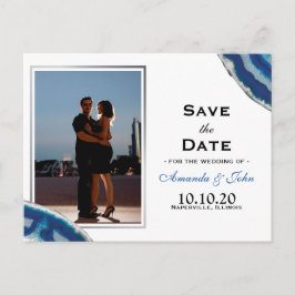 Save the date | Navy Blue Wedding Silver Agate Aankondigingskaart