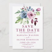 Save the Date Navy Blue Wijn Waterverf Bloemstuk Kaart (Voorkant)